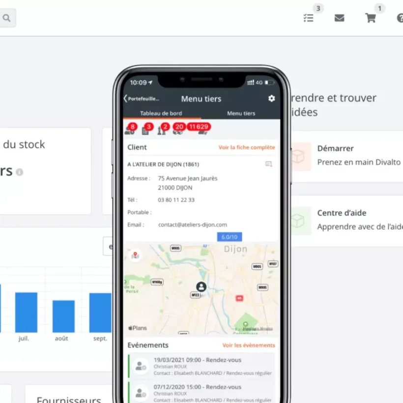 Application mobile Divalto affichant une fiche client avec adresse, contacts et prochains rendez-vous.