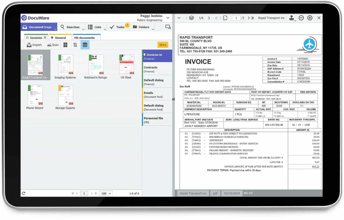 Interface web de DocuWare sur tablette : bacs de documents à gauche, facture ouverte dans la visionneuse à droite.